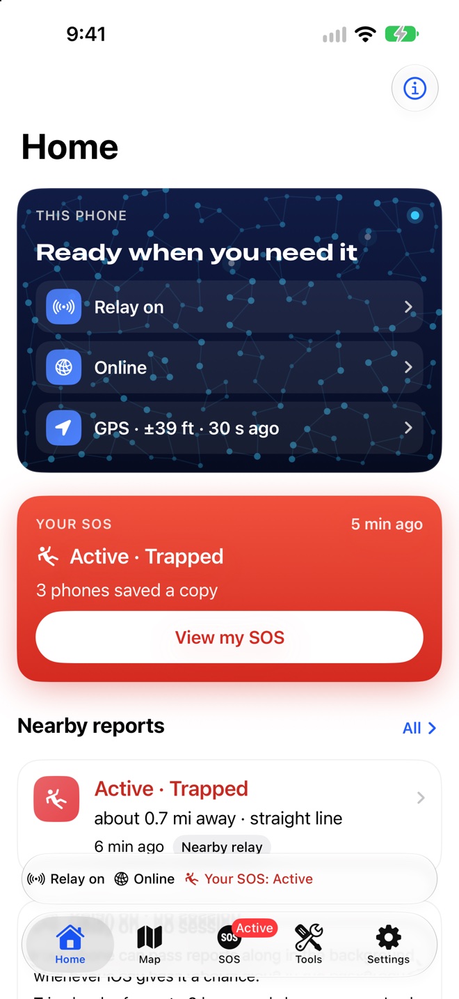 Home: this phone is ready, your SOS is active, and a report nearby.