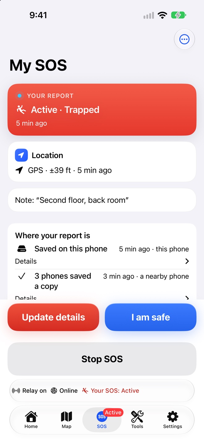 My SOS: an active Trapped report, its location, a note, and where the report is.