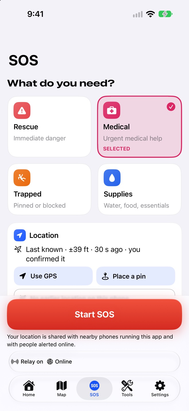 The SOS screen with Medical selected, the location confirmed, and Start SOS.