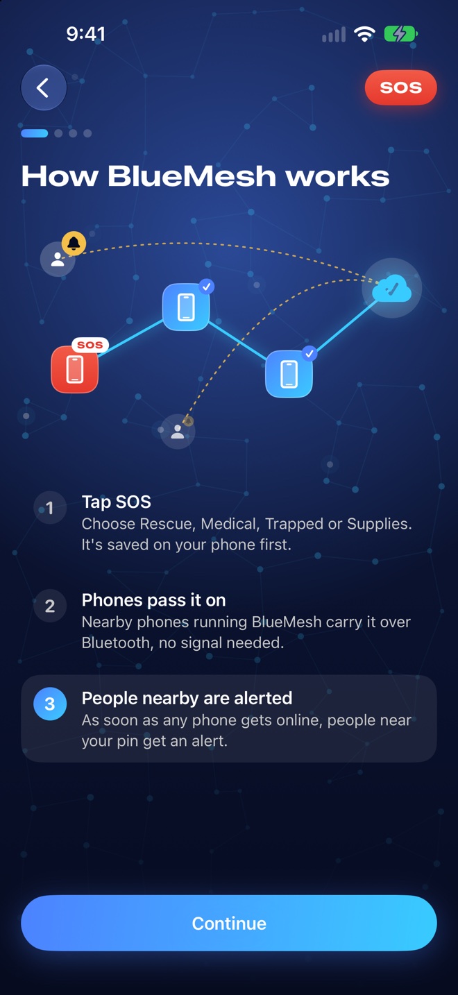 The onboarding page How BlueMesh works, animating a report hopping between phones.