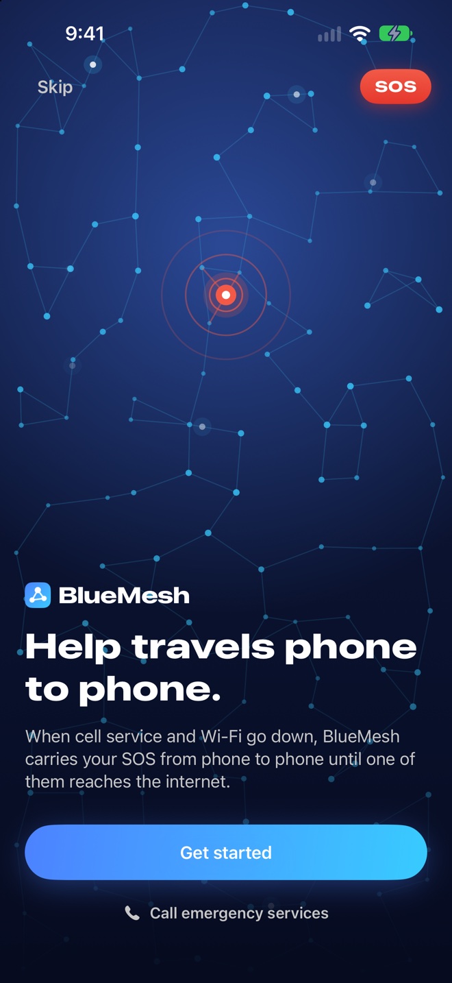The BlueMesh welcome screen: Help travels phone to phone, with Get started.